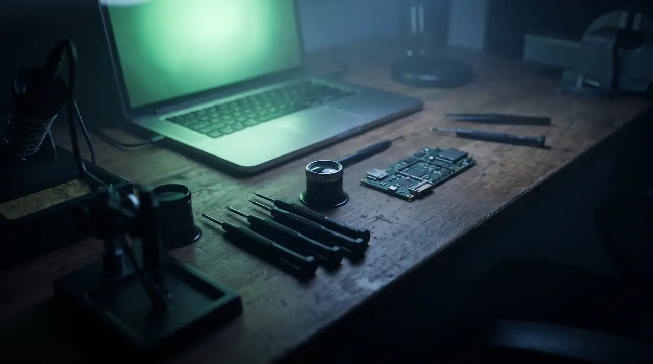 Werkzeug und Platine neben einem grün leuchtenden Laptop — präzises Handwerk am Code